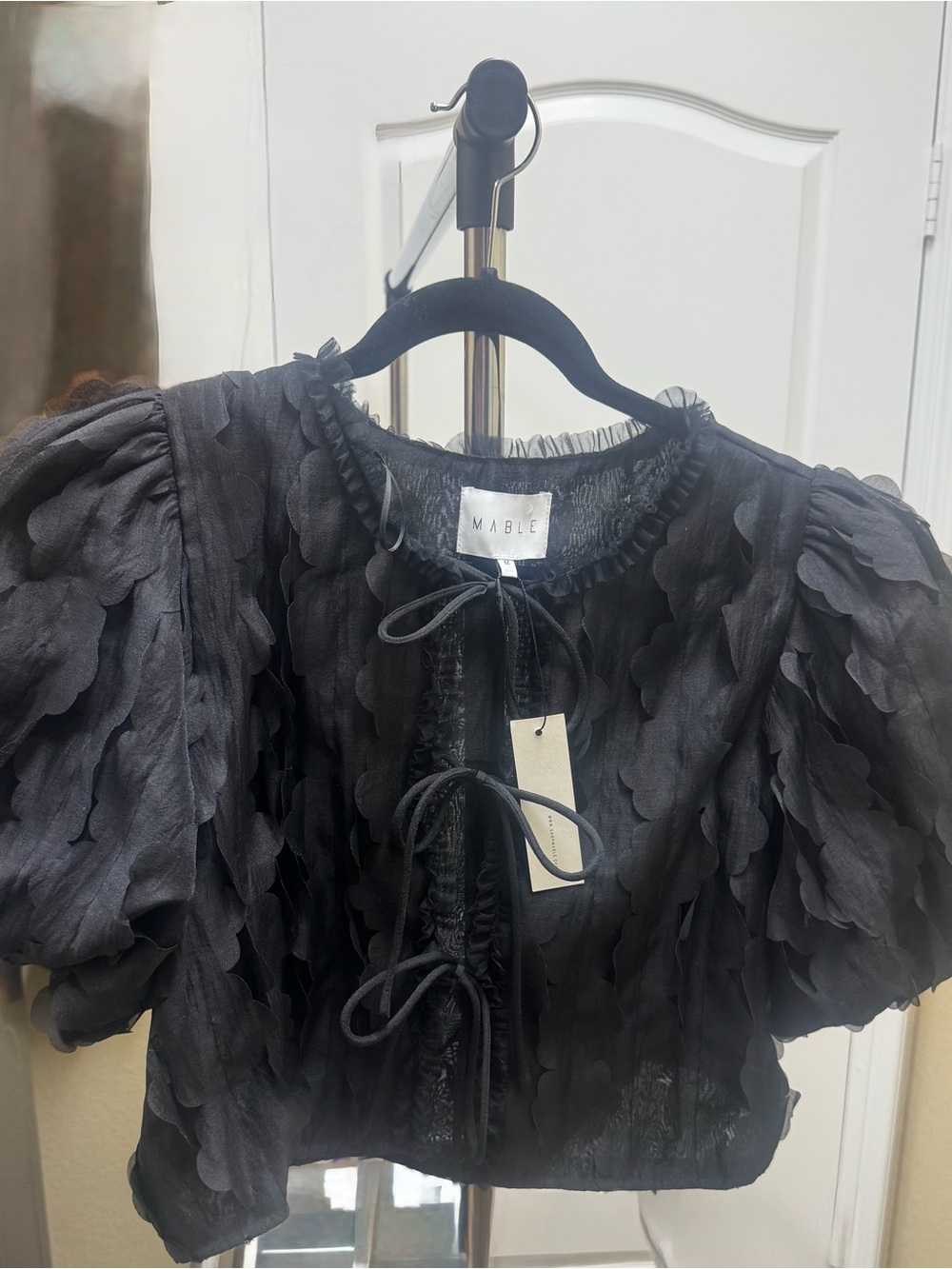 Mable Black Petal-Overlay Tie-Front Blouse